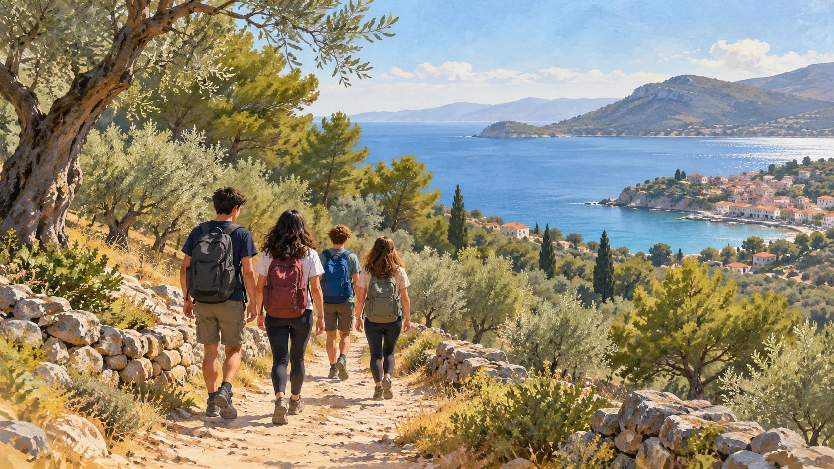 Εικονογράφηση μαθητών με σακίδια που περπατούν σε μονοπάτι ανάμεσα σε ελιές, με θέα τη θάλασσα και παραθαλάσσιο οικισμό.