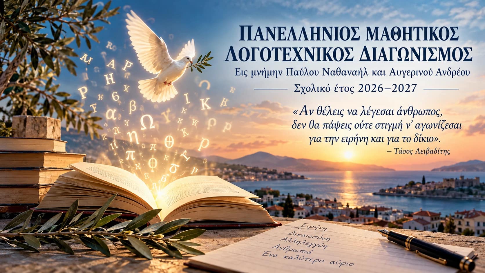 Ανοιχτό βιβλίο με φωτεινά ελληνικά γράμματα και λευκό περιστέρι πάνω από αιγαιοπελαγίτικο τοπίο, για τον Πανελλήνιο Μαθητικό Λογοτεχνικό Διαγωνισμό 2026–2027.