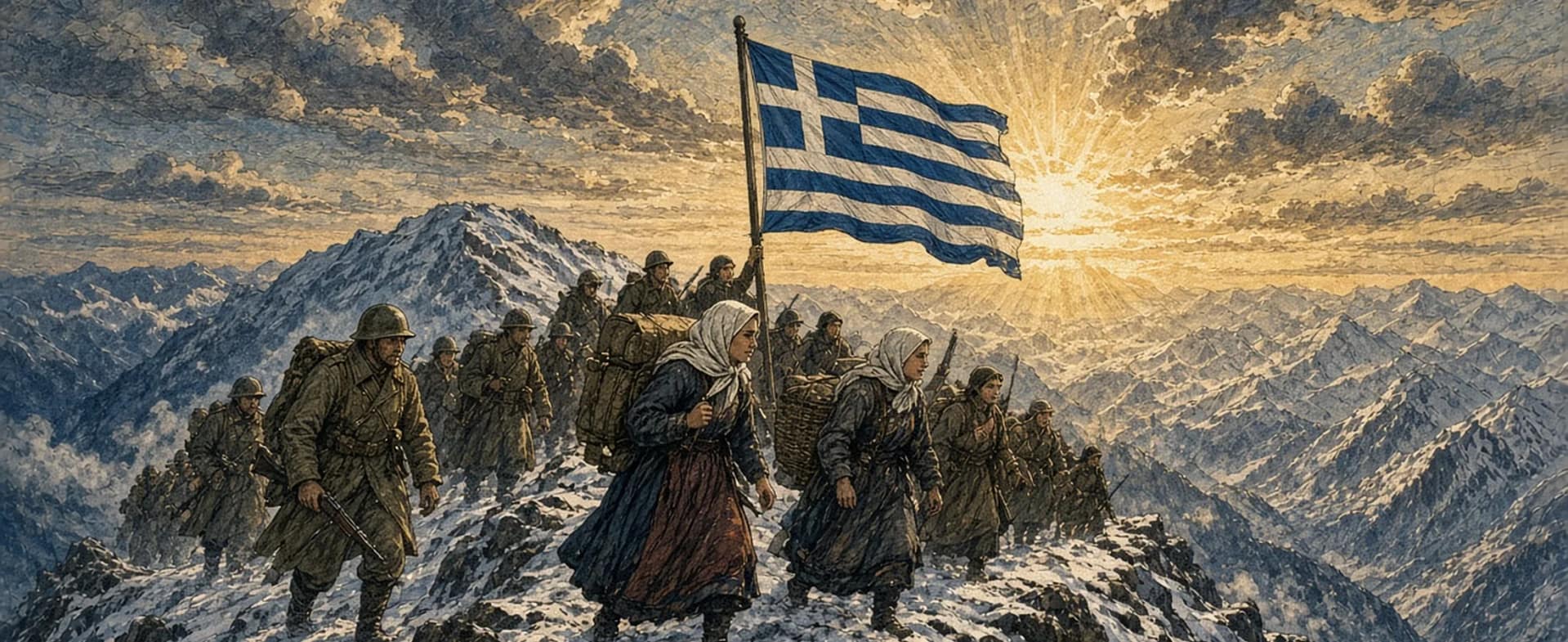 Εικαστική απεικόνιση του Έπους του 1940 στα χιονισμένα βουνά της Πίνδου, με Έλληνες στρατιώτες, τις Γυναίκες της Πίνδου και την ελληνική σημαία να κυματίζει στο φως της αυγής.