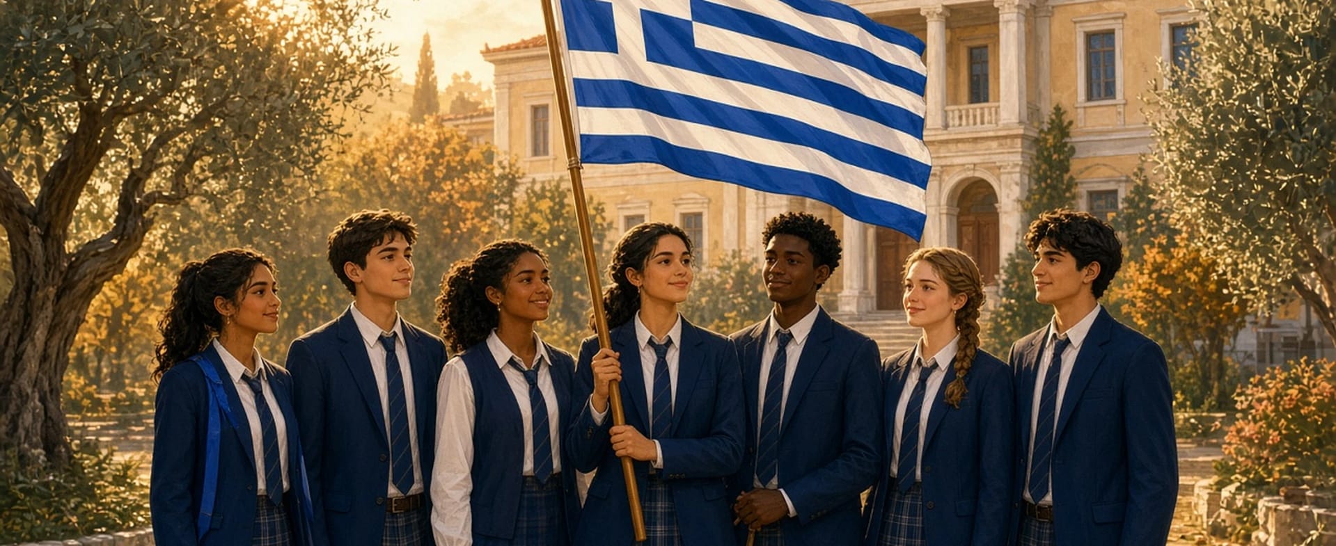 Μαθητές Λυκείου με την ελληνική σημαία σε ηλιόλουστο προαύλιο σχολείου την 28η Οκτωβρίου, συμβολίζοντας την ενότητα, την αποδοχή και το αίσθημα του ανήκειν στη σχολική κοινότητα.