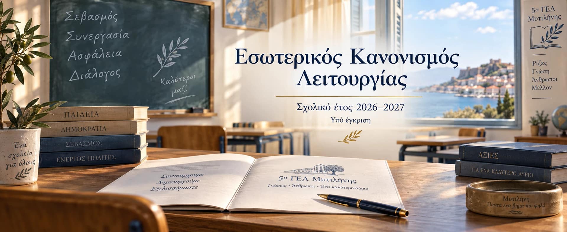 Χαρακτηριστική εικόνα για τον Εσωτερικό Κανονισμό Λειτουργίας 2026–2027 του 5ου ΓΕΛ Μυτιλήνης, με σχολική αίθουσα, βιβλία και θέα στο Αιγαίο.