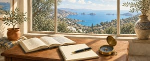 Φωτεινό μαθητικό γραφείο με ανοιχτά βιβλία, τετράδιο, πένα και πυξίδα μπροστά σε παράθυρο με θέα το Αιγαίο, συμβολίζοντας τον σχεδιασμό για το Λύκειο και τις Πανελλαδικές 2027.
