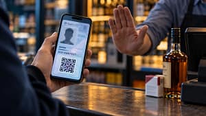 Συμβολική εικόνα τεχνητής νοημοσύνης: κινητό με φανταστική ταυτότητα και QR code μπροστά σε πωλητή που σταματά τη συναλλαγή.