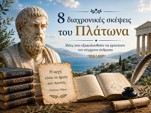 Προτομή του Πλάτωνα με αρχαία βιβλία και ελληνικό τοπίο, συνοδεύοντας άρθρο για οκτώ διαχρονικές φιλοσοφικές σκέψεις του μεγάλου Έλληνα φιλοσόφου
