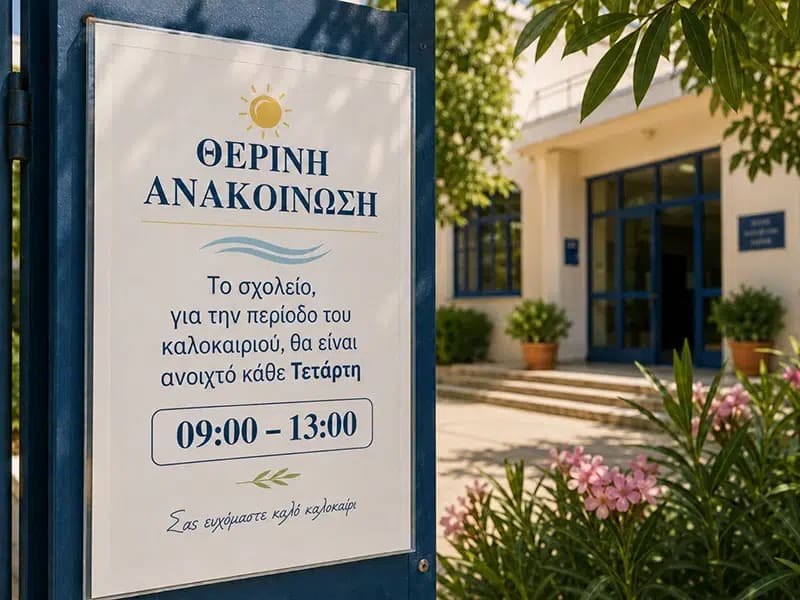 Ανακοίνωση θερινής λειτουργίας του 5ου Γενικού Λυκείου Μυτιλήνης, το οποίο θα είναι ανοιχτό κάθε Τετάρτη από 09:00 έως 13:00.